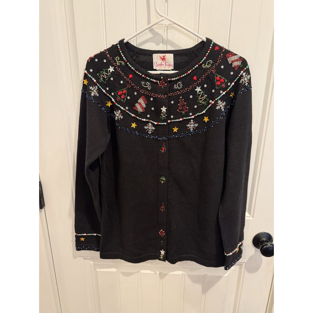 Quaker Factory Black Christmas Cardigan Beaded Embellished Holiday Sweater S